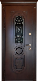 Уличная термодверь с карнизом, остеклением и решеткой (МДФ) Уличная термодверь с карнизом, остеклением и решеткой (МДФ)