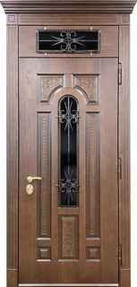 Стальная термодверь с остекленной фрамугой, карнизом и ковкой (МДФ)