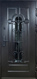 Стальная термодверь со стеклопакетом, накладной ковкой и электронным замком (темные панели МДФ со шпоном)